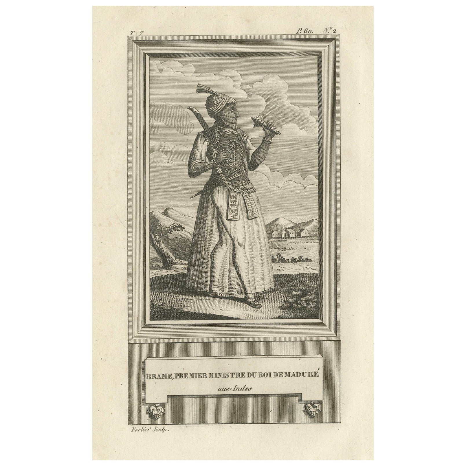 Brame, Primo Ministro del Re di Madurai - Incisione francese antica, 1790 ca. in vendita