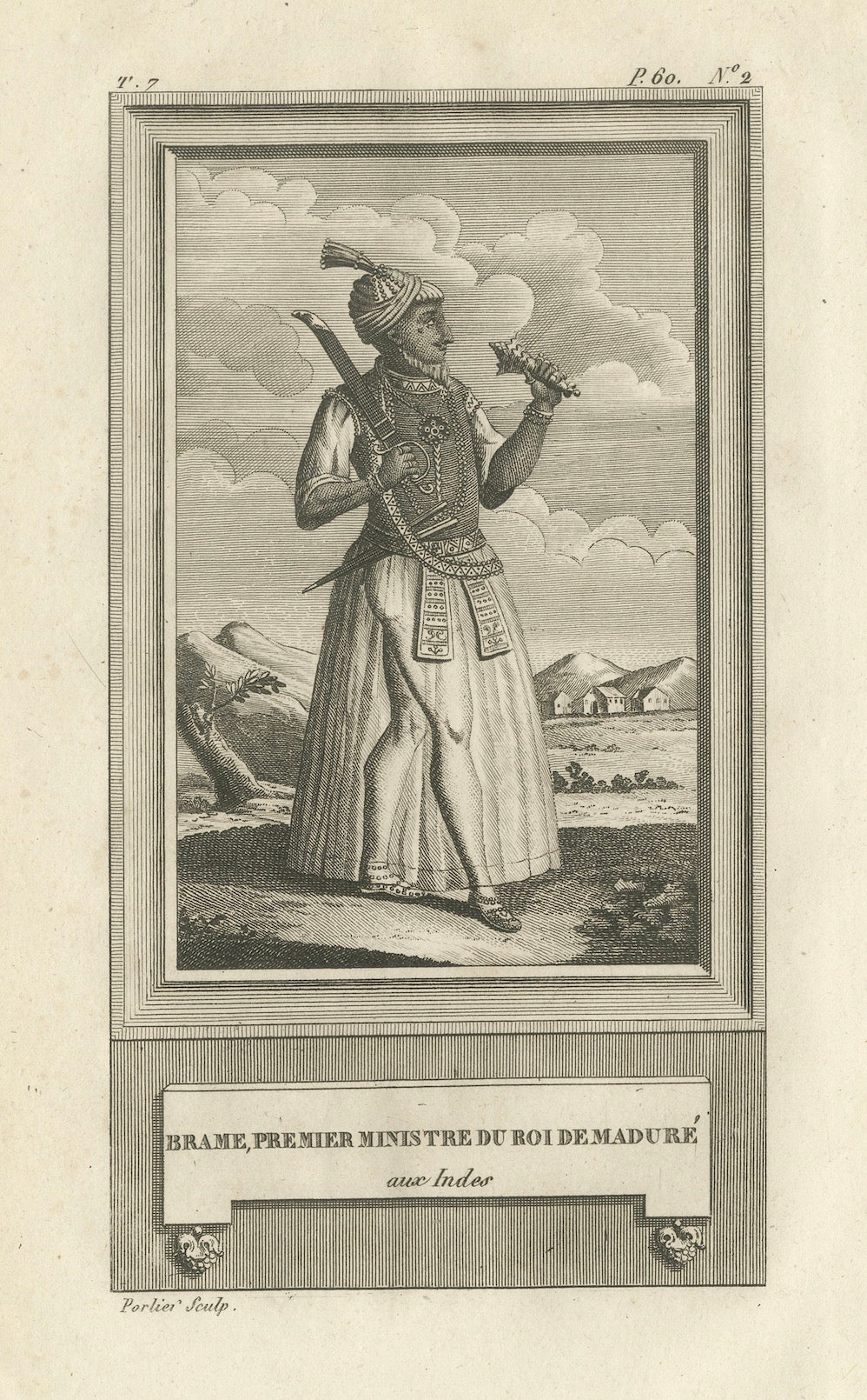 Brame, Premier ministre du roi de Madurai - Antique French Engraving, c.1790