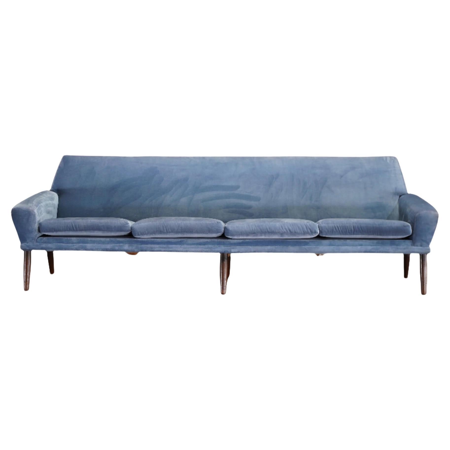 Bramin Møbler Four Seater Sofa in Blue Velvet by N.A. Jørgensens