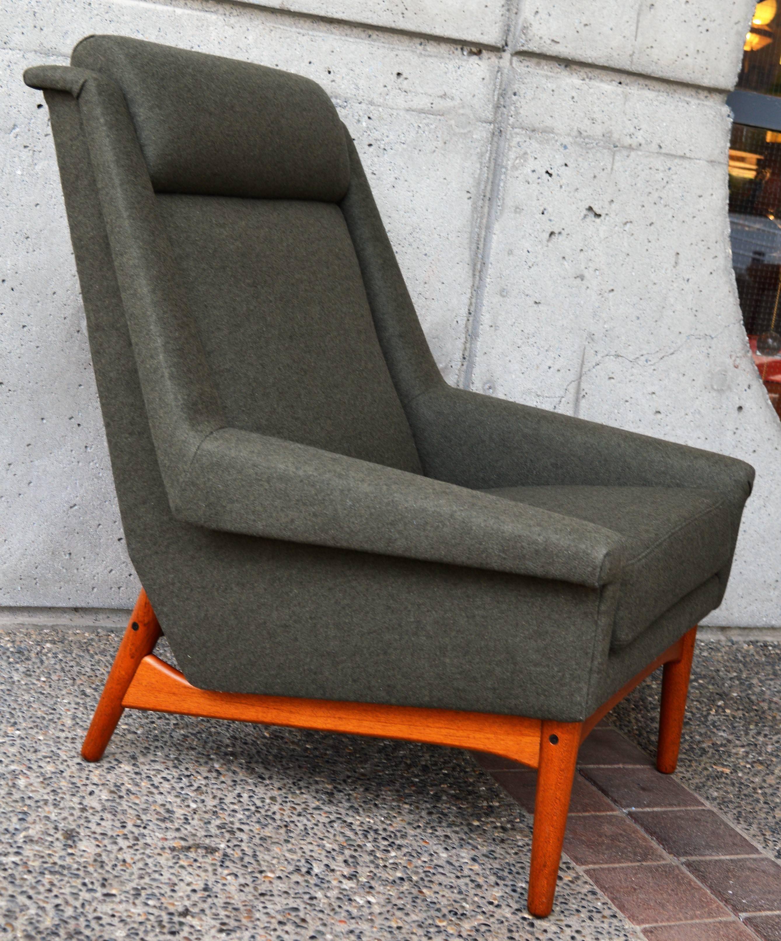 Danish Bramin Teak Base High Back Lounge Chair in Olive Green Felted Wool, Denmark