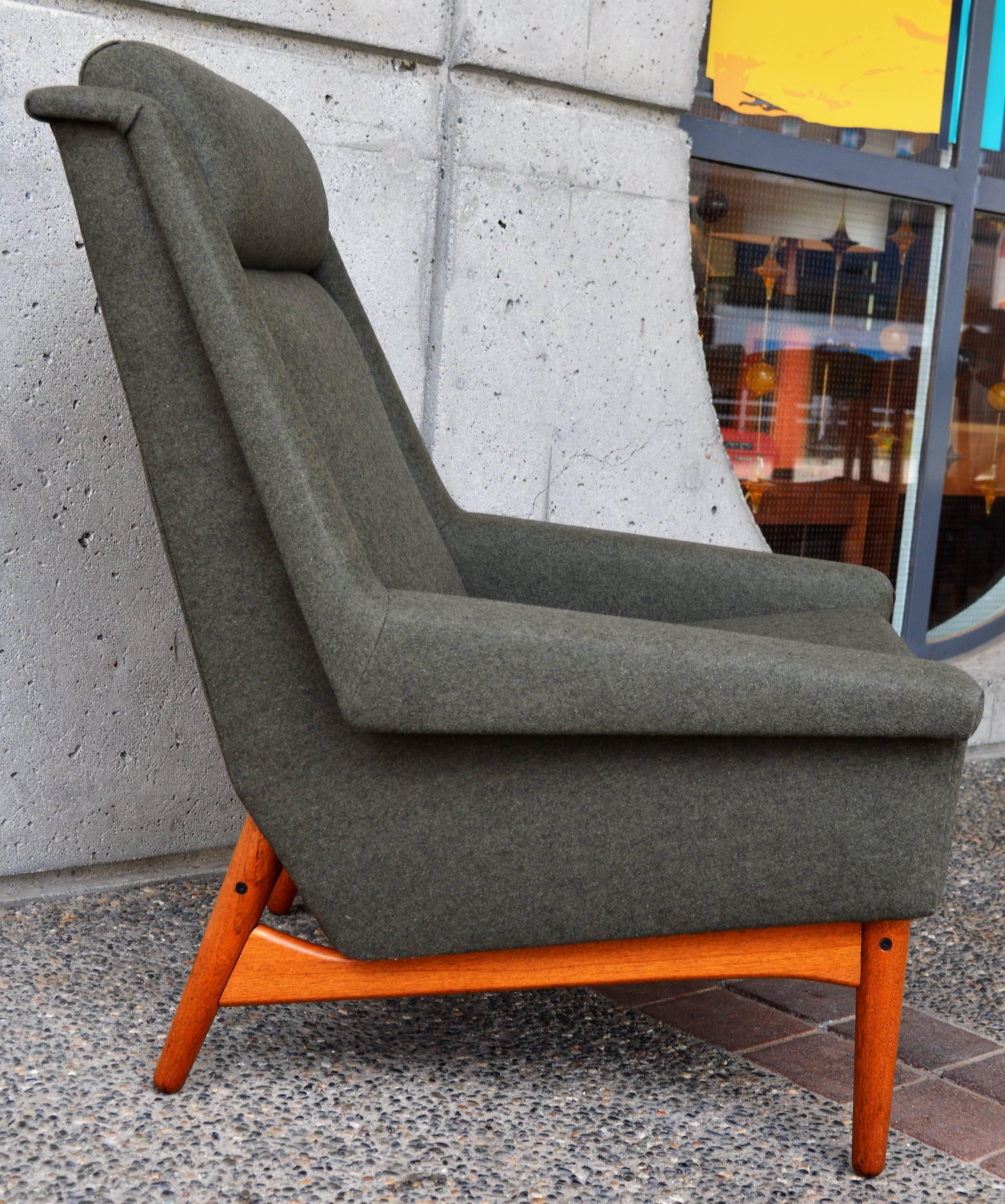 Mid-20th Century Bramin Teak Base High Back Lounge Chair in Olive Green Felted Wool, Denmark