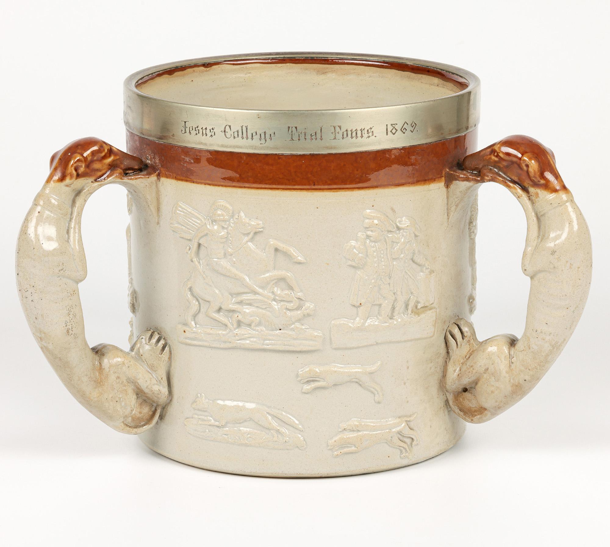 Mid-19th Century Brampton Salt Glazed Jesus College Cambridge Presentation Pottery Tyg For Sale