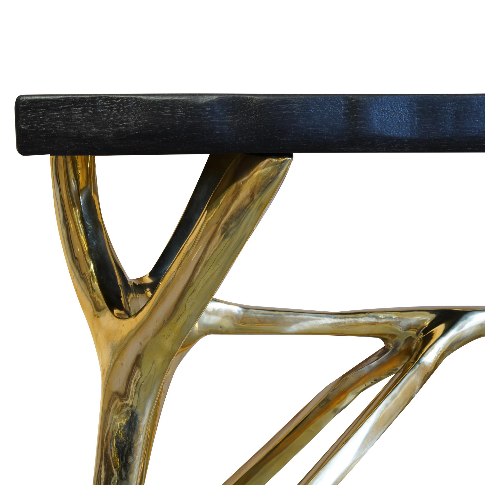Moulage Console à branches contemporaine en bronze avec plateau en bois à bords vifs en vente