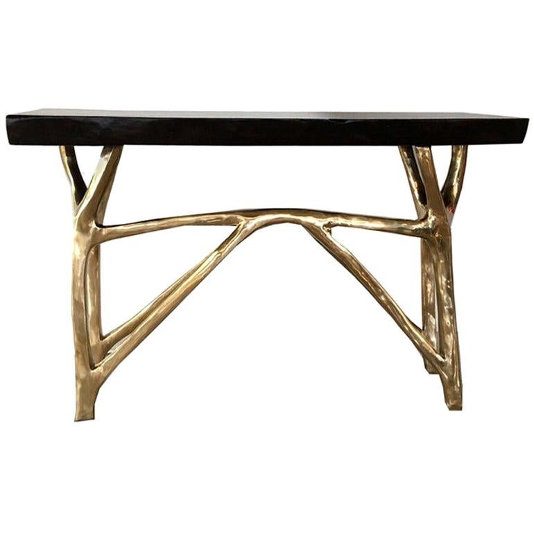 Console à branches contemporaine en bronze avec plateau en bois à bords vifs en vente