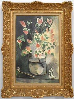 Branch of Lilacs Still Life Painting, Hand-Painted Glass, Victorian