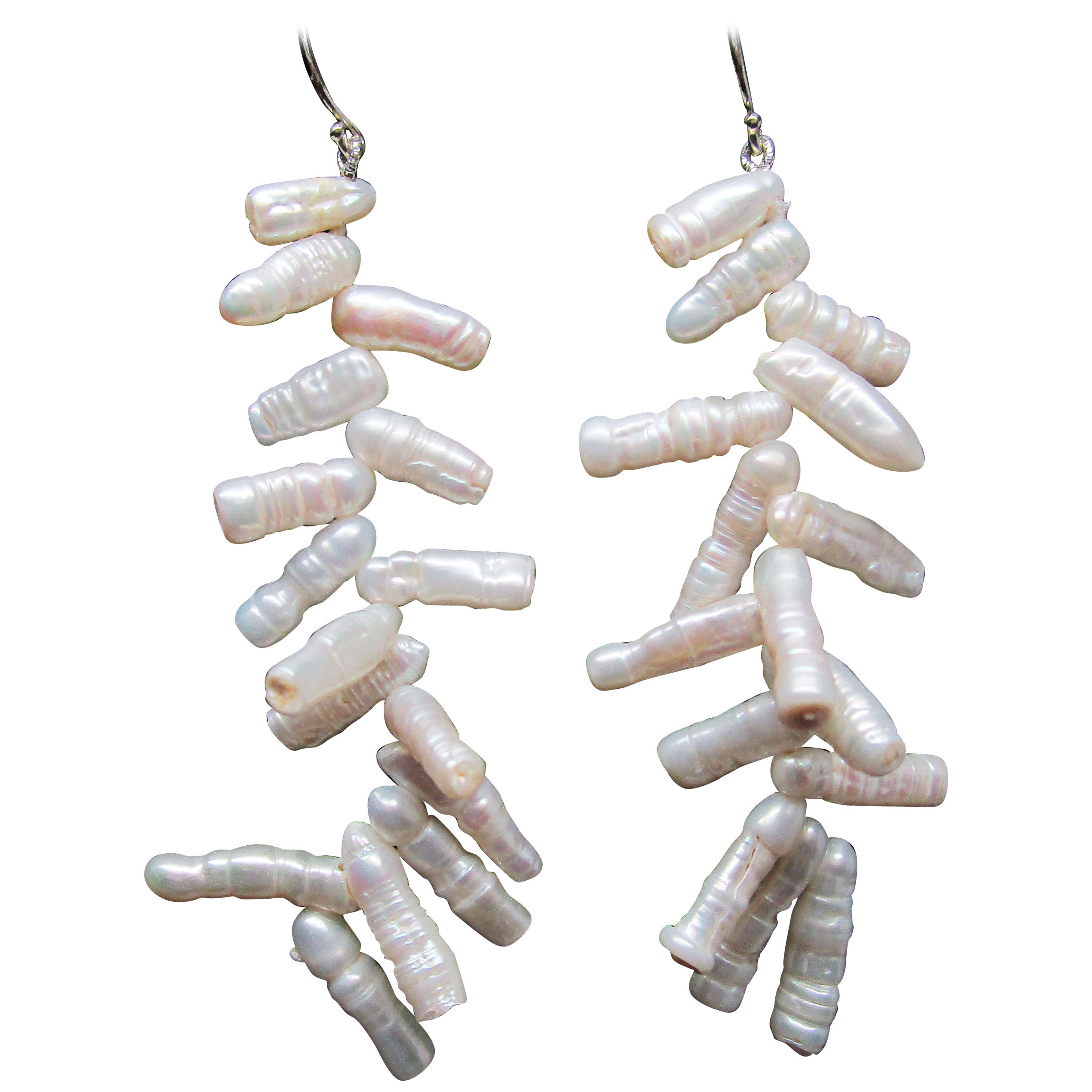 Branch Pearl Dangle Earrings with Sterling Silver Shepherd’s Hooks For Sale