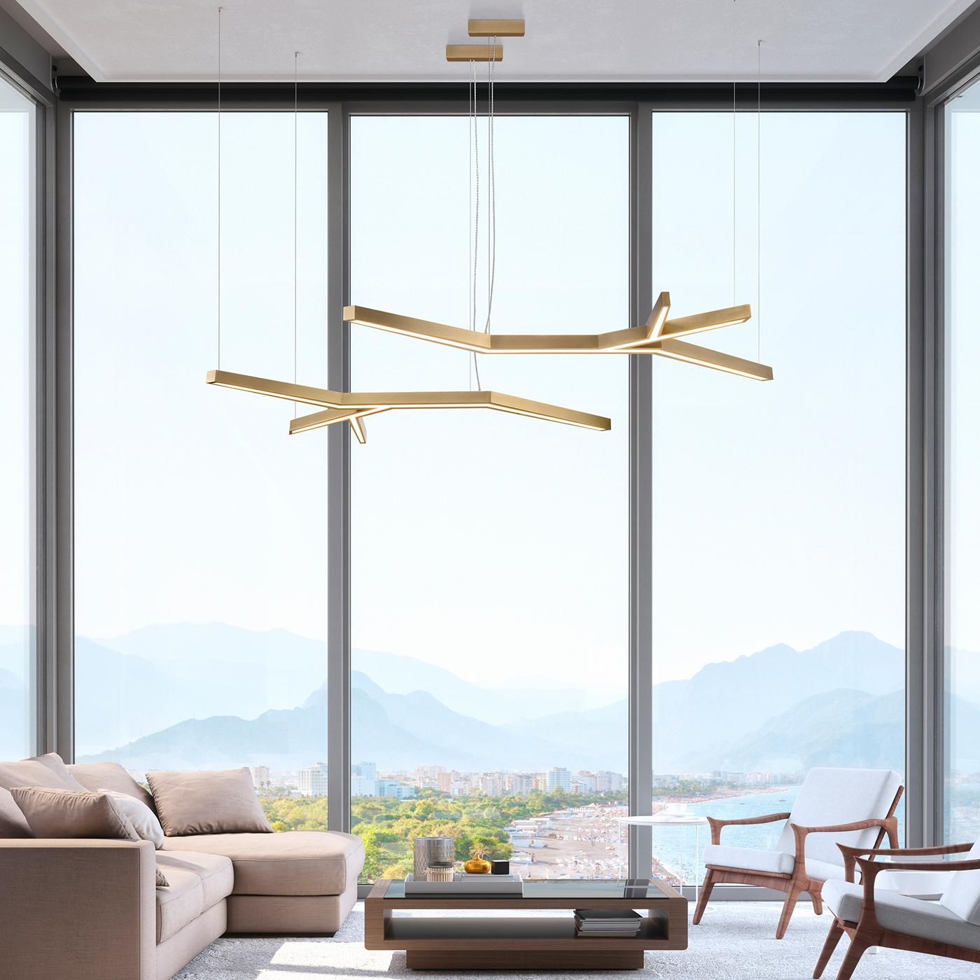 This exclusive branch-shaped pendant lamp will make for an exceptional addition to contemporary decors, ideally suspended over dining tables or kitchen islands. Suspended from thin wires, the branched metal frame is embellished with a soft golden