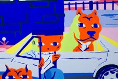 "Big Dog Night" Vida nocturna, paisaje urbano, gouache acrílico sobre panel de madera