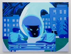 "Big Glow", Dreamy Blue Painting of Two Figures on City Bench with Watchful Moon