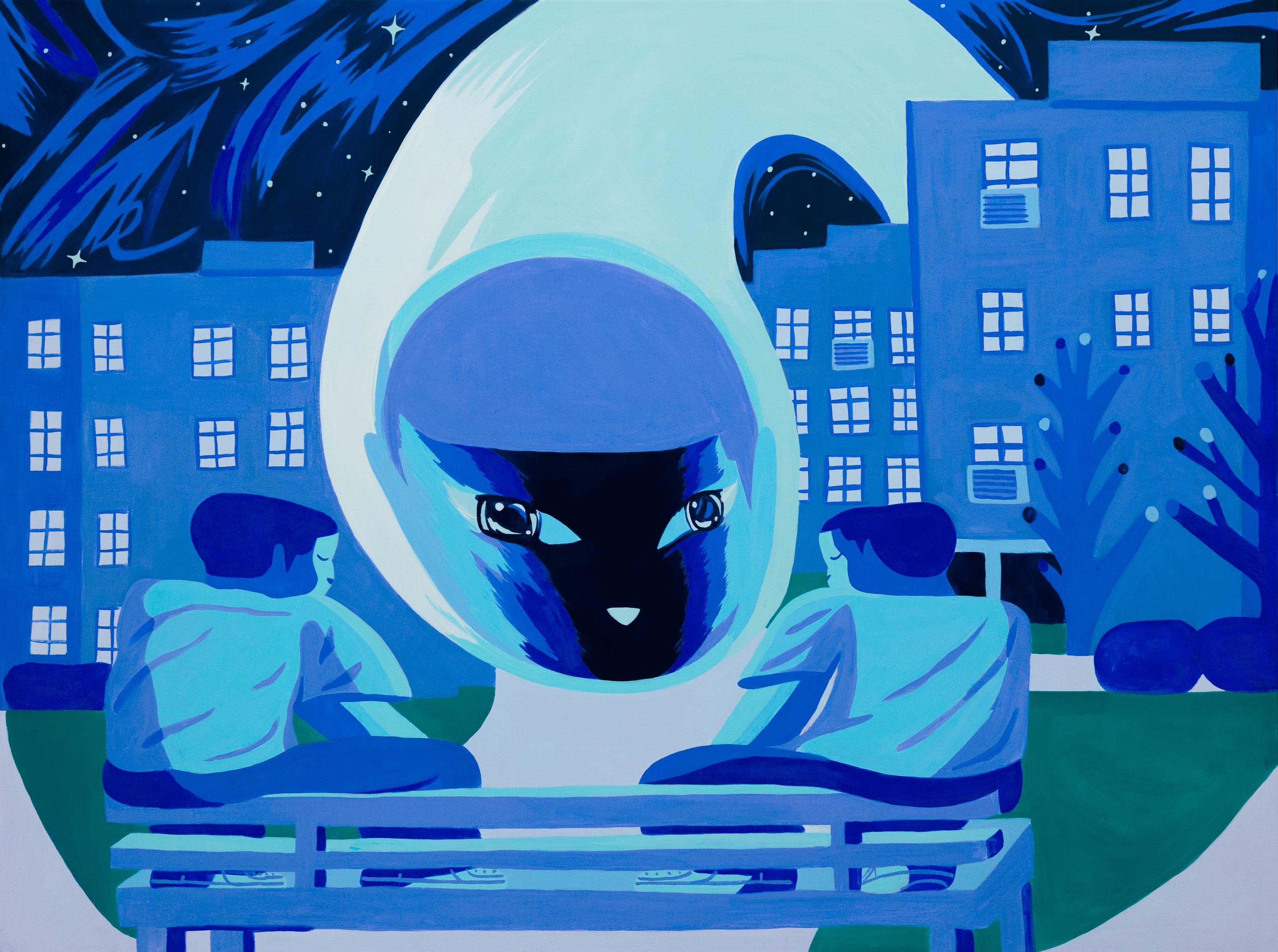 Branche Coverdale Landscape Painting – "Big Glow", verträumtes blaues Gemälde von zwei Figuren auf einer Stadtbank mit wachsamem Mond