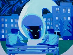 "Big Glow", Dreamy Blue Painting of Two Figures on City Bench with Watchful Moon
