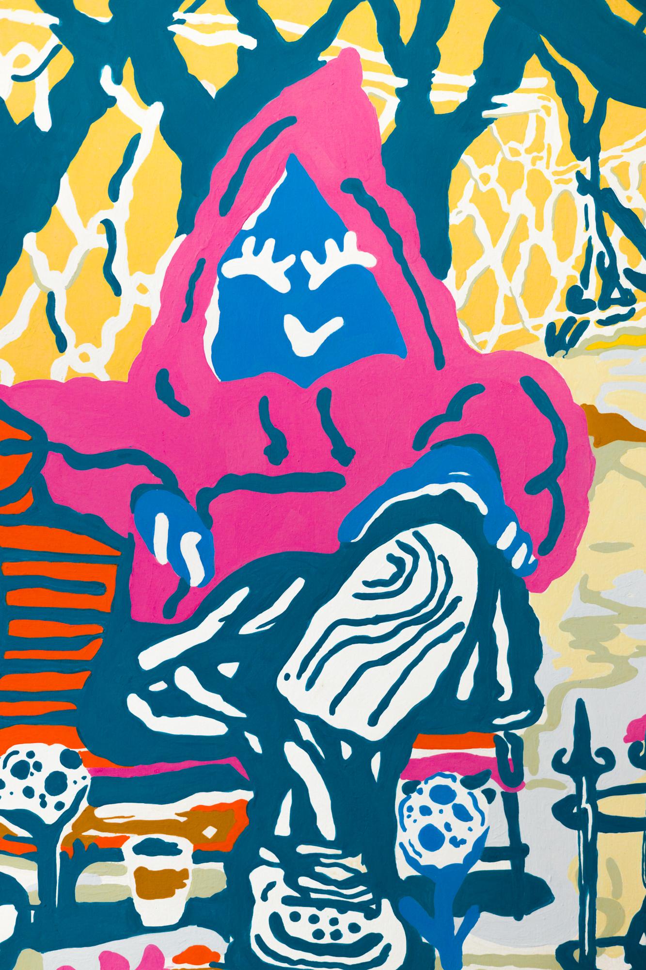 „Double Hooded“ Stadtszene mit Kapuze, farbenfrohe Acryl-G Gouache auf Tafel – Painting von Branche Coverdale
