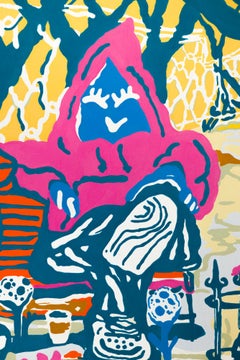 "Double Hooded" City scene, brightly colored, acrylic gouache on panel