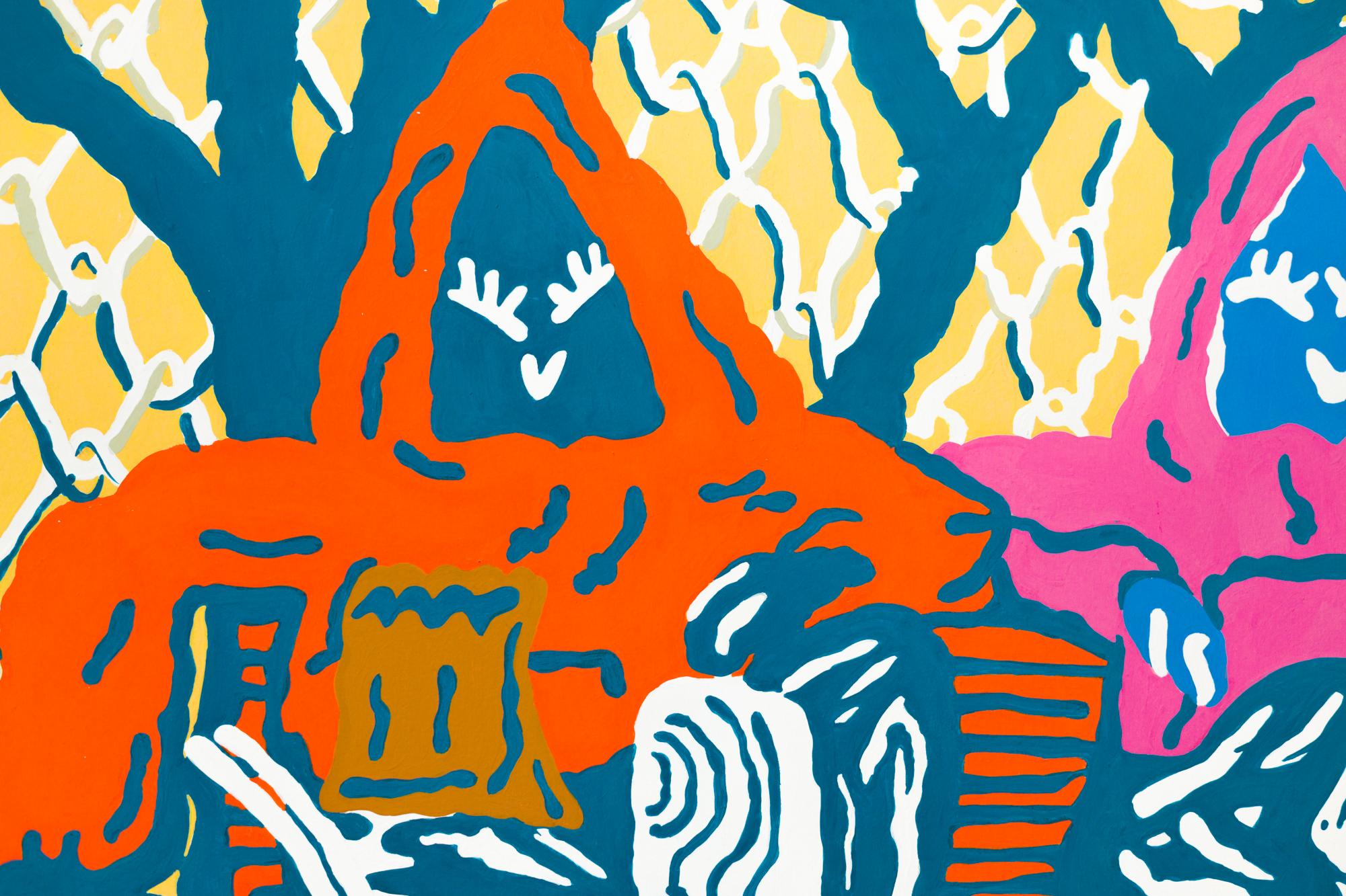 „Double Hooded“ Stadtszene mit Kapuze, farbenfrohe Acryl-G Gouache auf Tafel (Zeitgenössisch), Painting, von Branche Coverdale