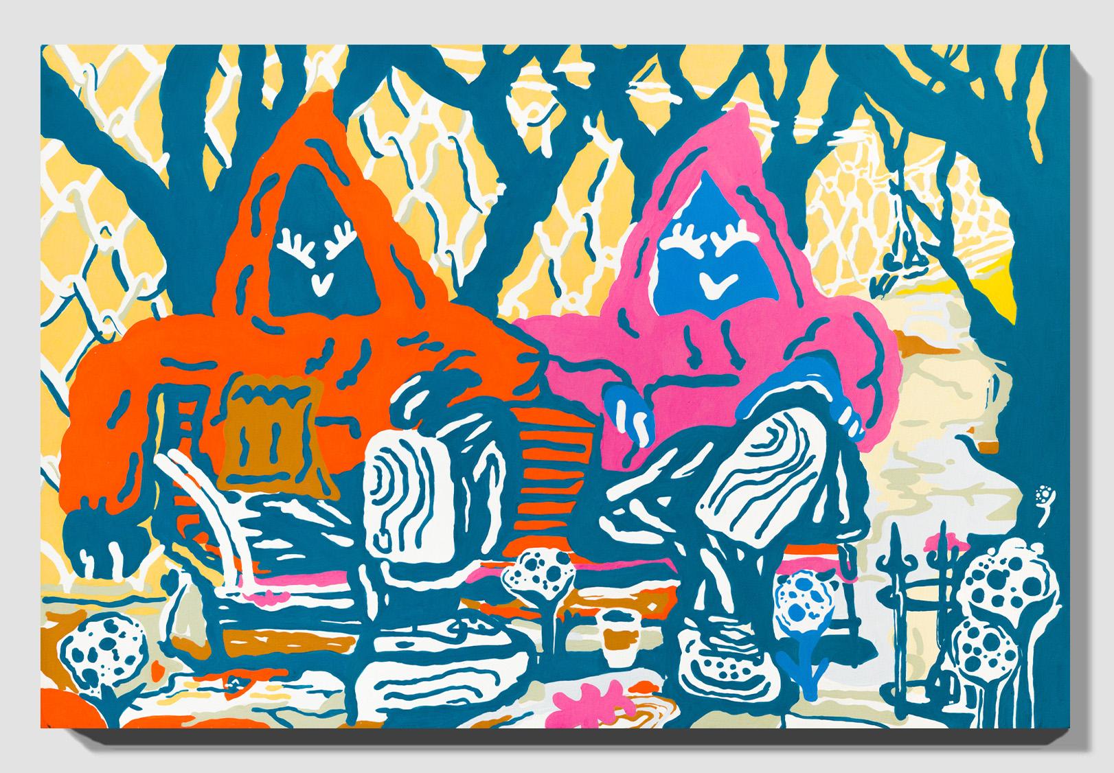 „Double Hooded“ Stadtszene mit Kapuze, farbenfrohe Acryl-G Gouache auf Tafel im Angebot 4