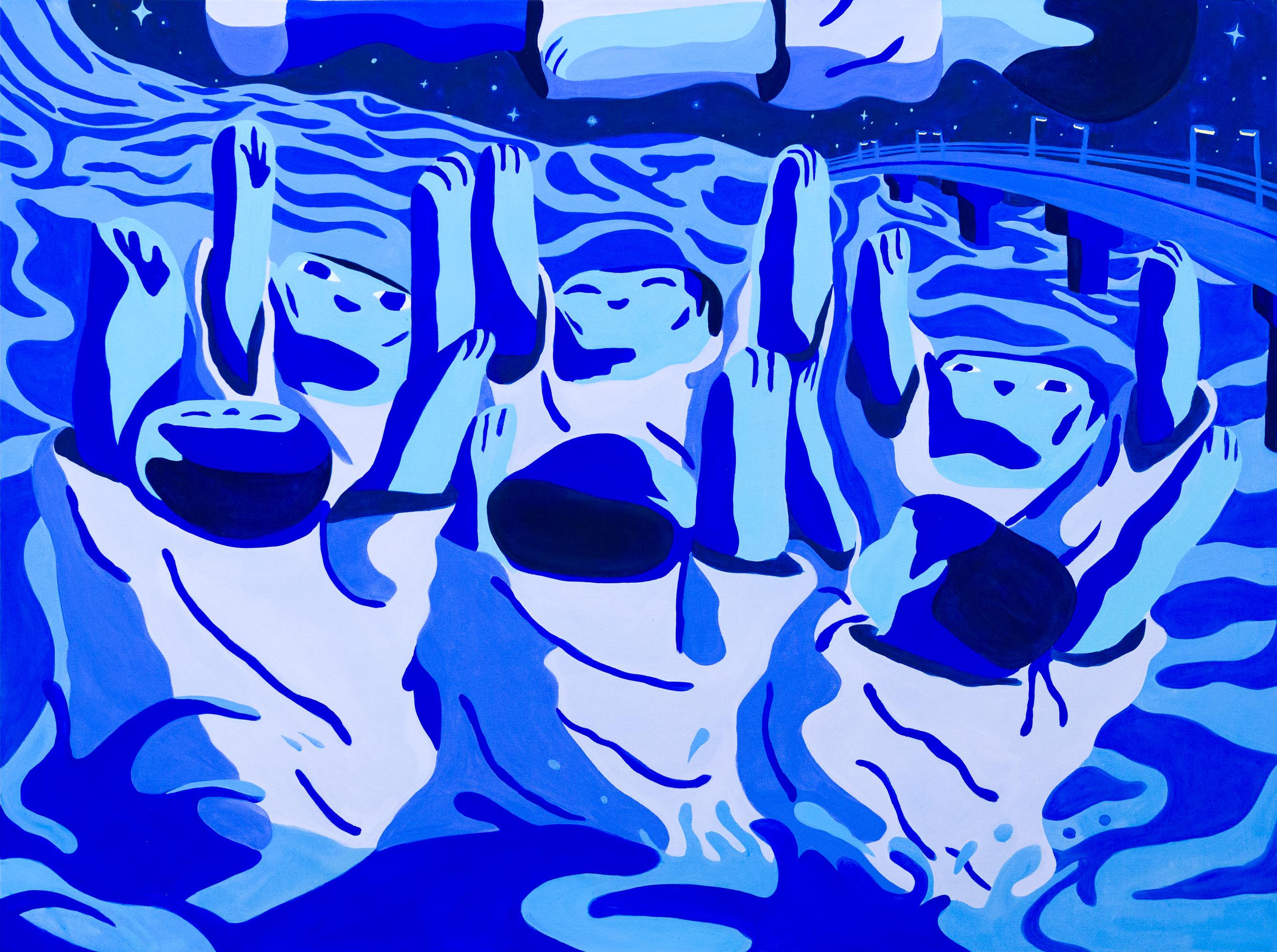 "Drift Off" Zeitgenössische blaue Acryl Gouache figurative Malerei auf Leinwand