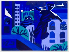 "No Ground, No Ceiling", figure nocturne dans un paysage de rêve urbain bleu électrique.