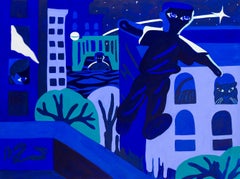 "No Ground, No Ceiling", figure nocturne dans un paysage de rêve urbain bleu électrique.