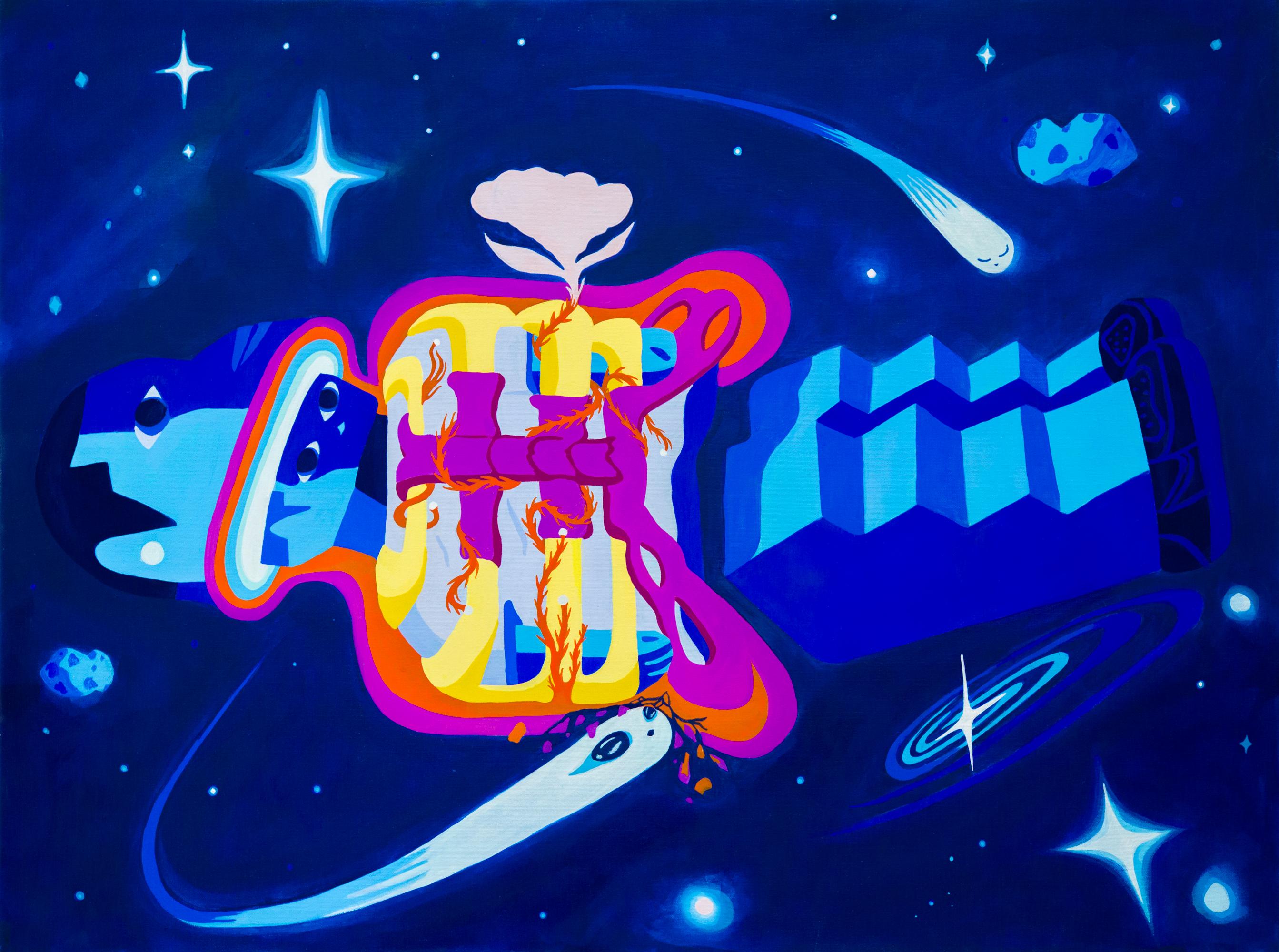 Branche Coverdale Portrait Painting – "Paralysis", Schwebende Figur im Deep Space Gemälde auf Leinwand