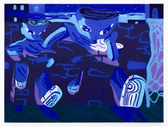 "Speed Run", Pintura al gouache acrílico azul y morado con figuras corriendo