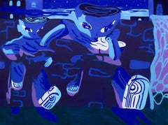 "Speed Run", Pintura al gouache acrílico azul y morado con figuras corriendo