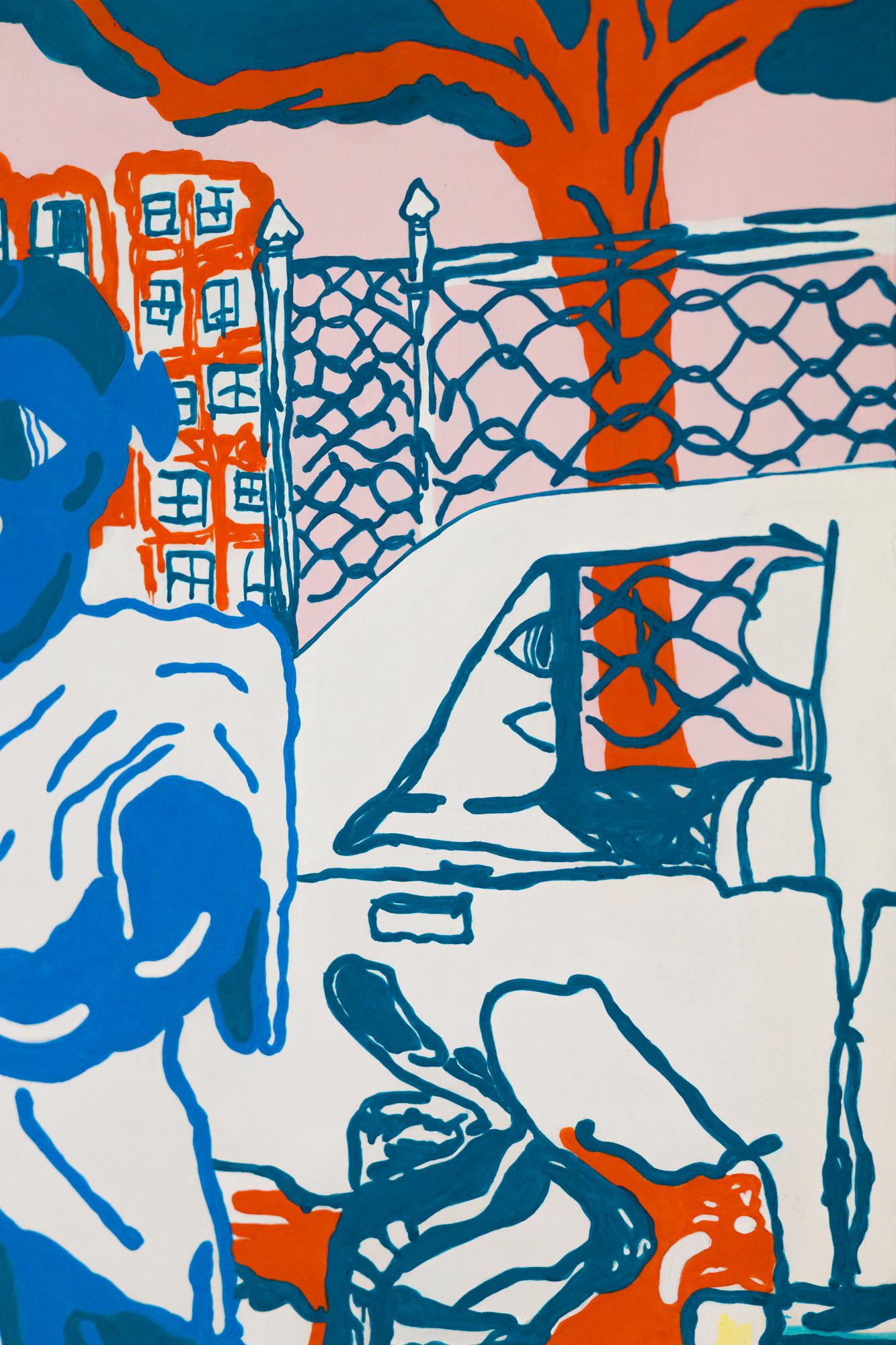 Scène de rue Street Bike, gouache acrylique sur panneau de bois - Contemporain Painting par Branche Coverdale