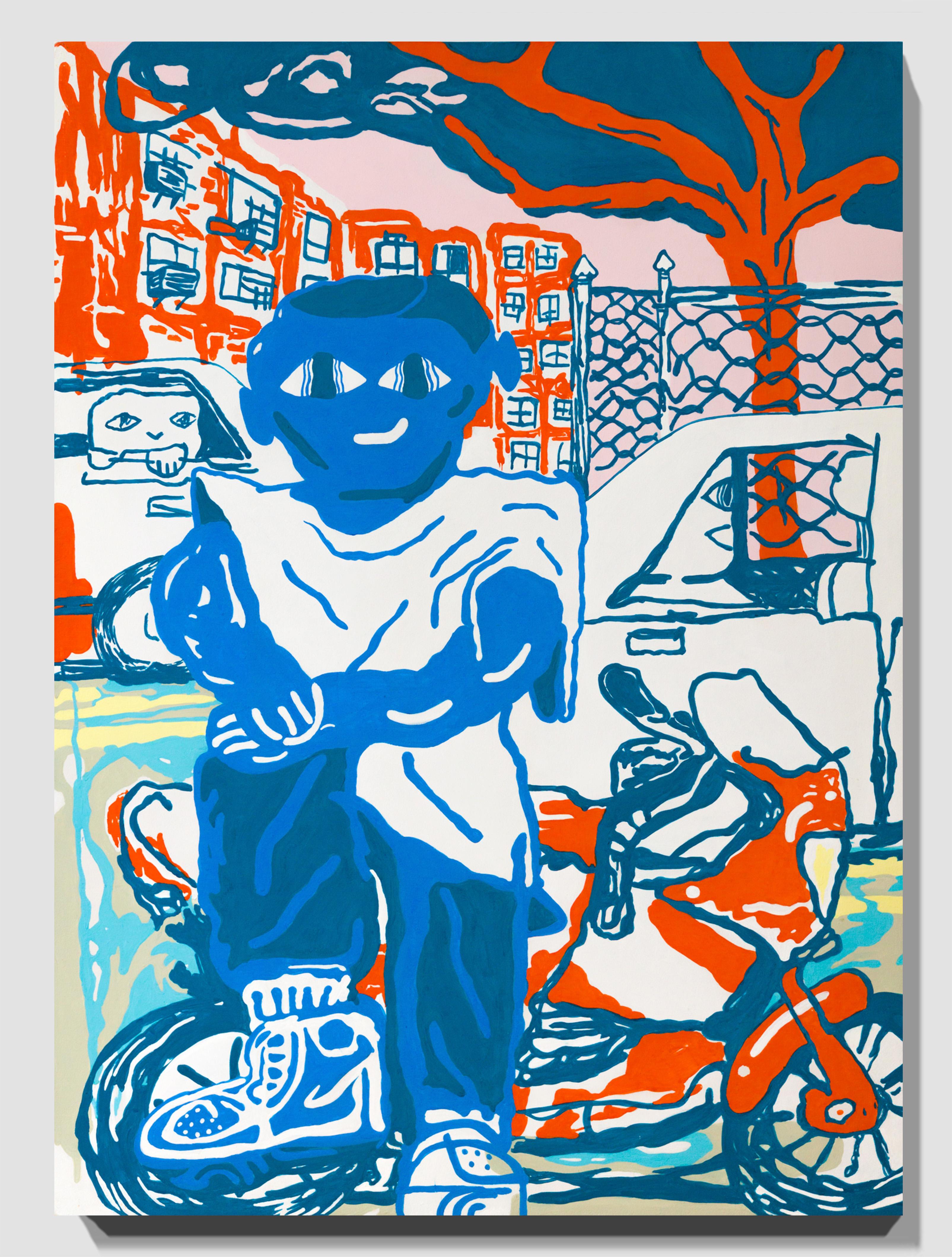 Scène de rue Street Bike, gouache acrylique sur panneau de bois en vente 2