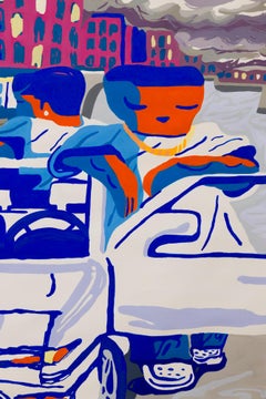 "Third Wheel" City scene/ figurative illustration, acrylic gouache on rag paper