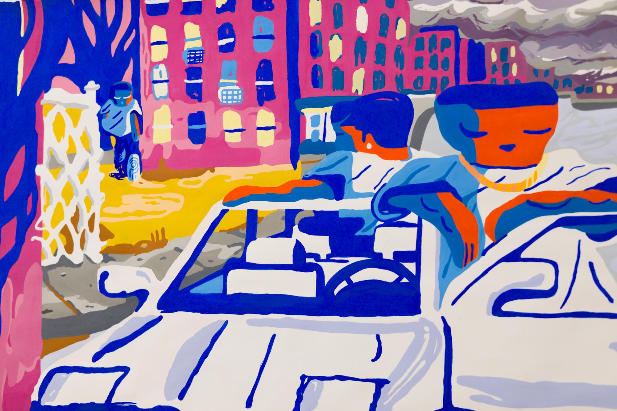„Third Wheel“ Stadtszene/ figurative Illustration, Acryl-G Gouache auf Lappenpapier (Zeitgenössisch), Painting, von Branche Coverdale