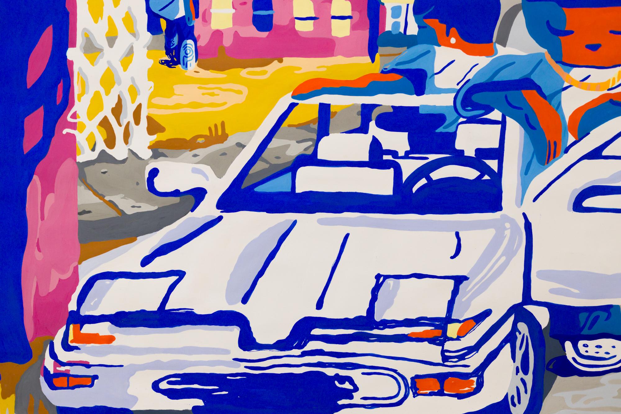 „Third Wheel“ Stadtszene/ figurative Illustration, Acryl-G Gouache auf Lappenpapier im Angebot 1