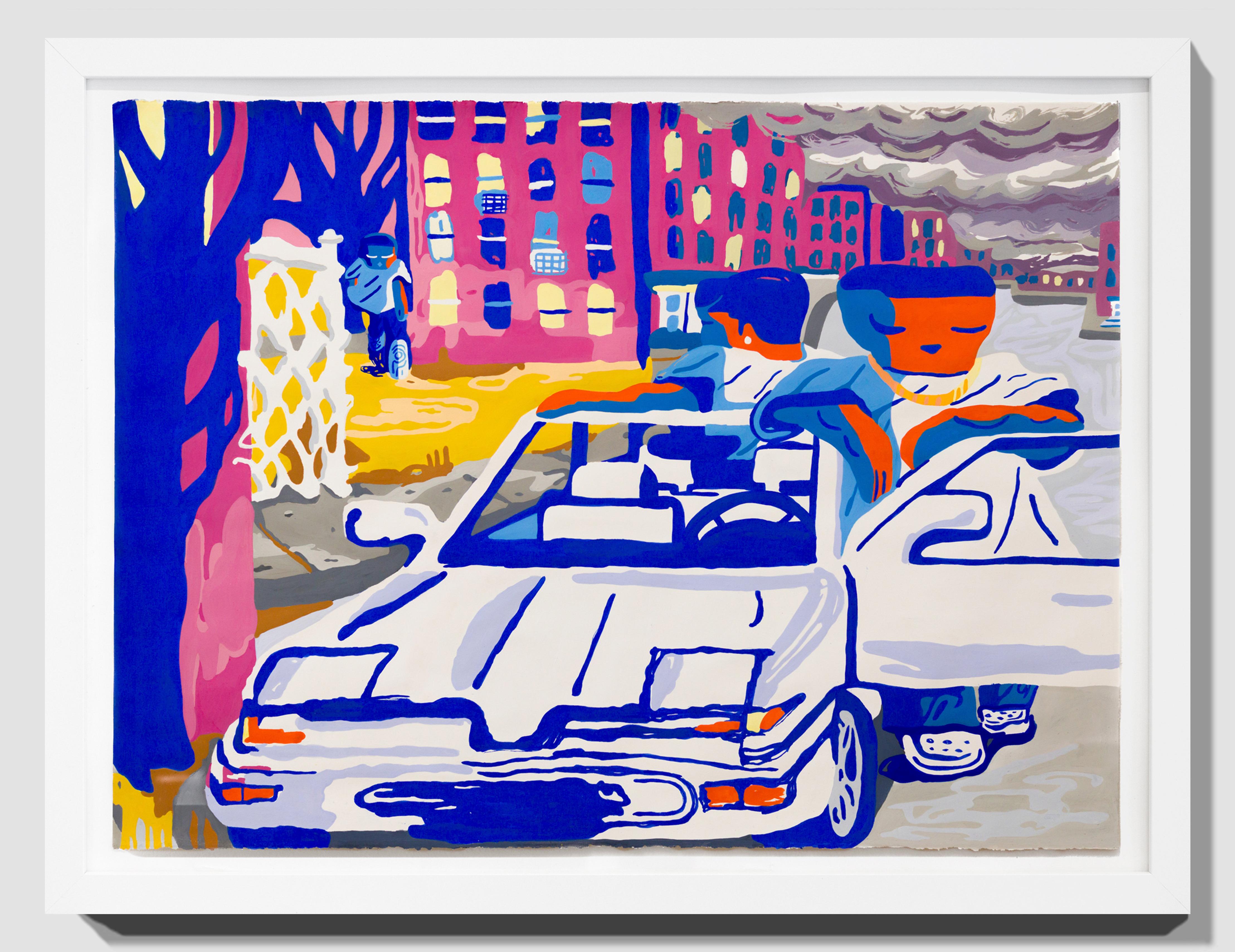 „Third Wheel“ Stadtszene/ figurative Illustration, Acryl-G Gouache auf Lappenpapier im Angebot 2