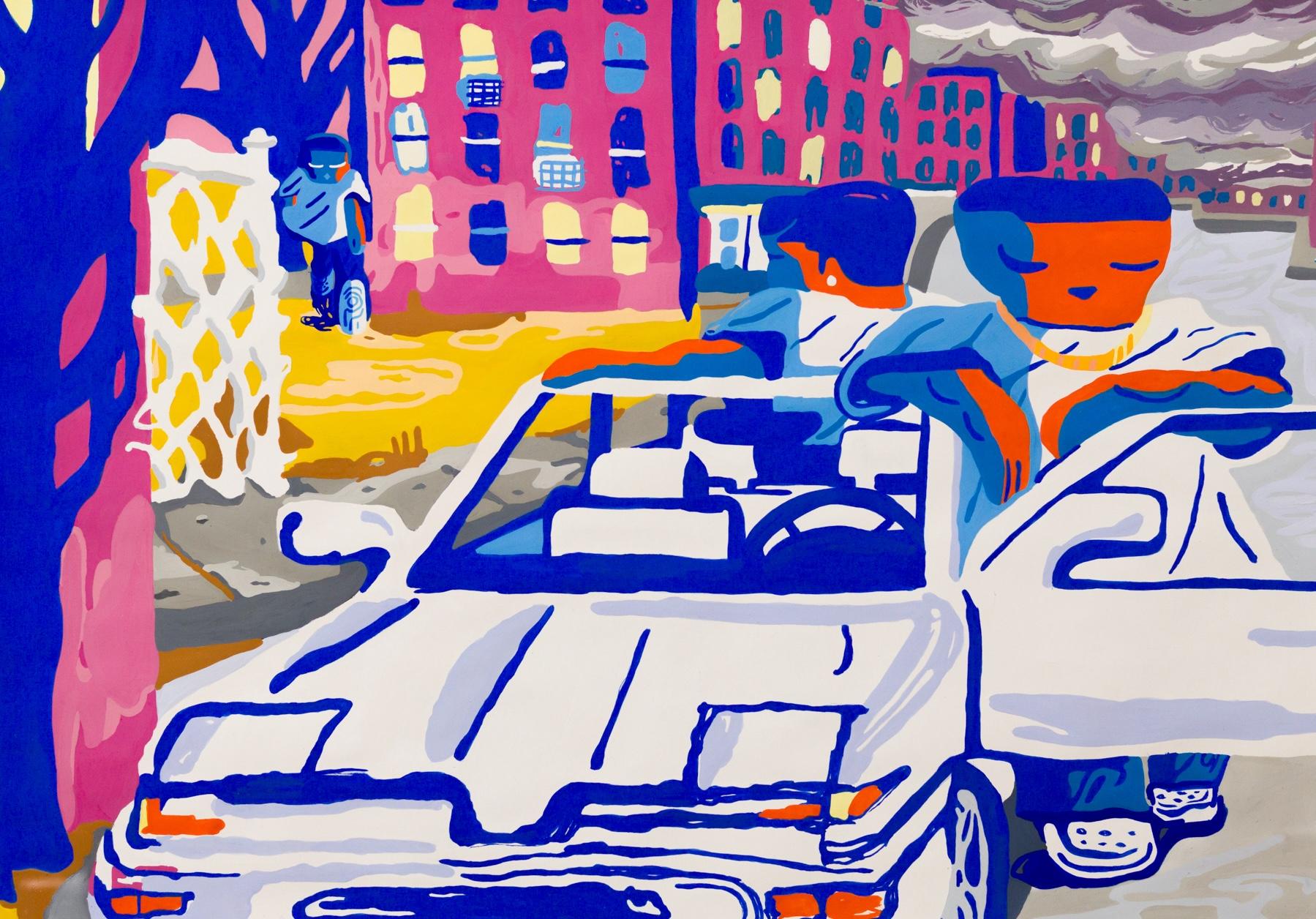 „Third Wheel“ Stadtszene/ figurative Illustration, Acryl-G Gouache auf Lappenpapier im Angebot 1