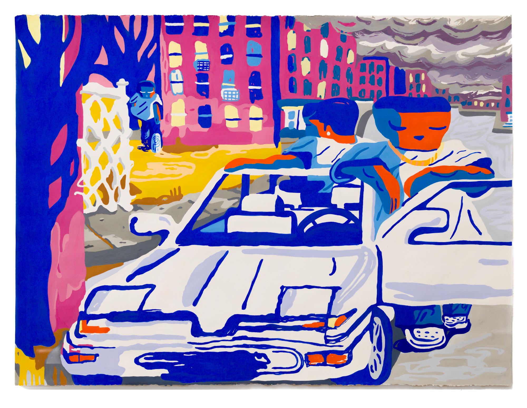 „Third Wheel“ Stadtszene/ figurative Illustration, Acryl-G Gouache auf Lappenpapier