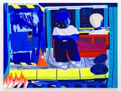 "Tracce in fiamme", Reverie della metropolitana con figura in blu elettrico