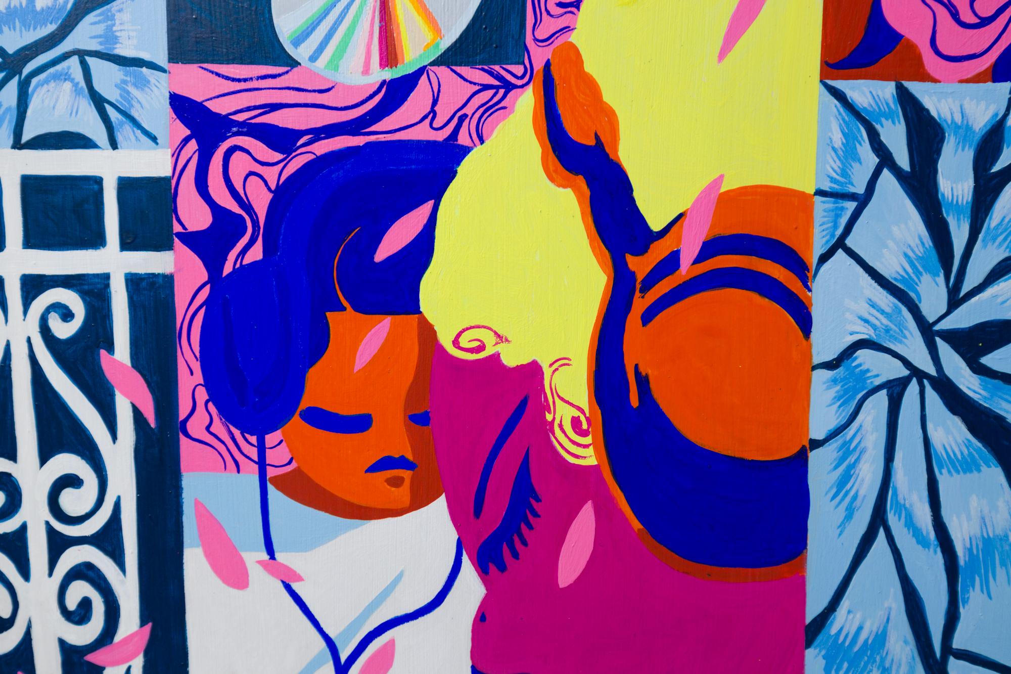 Vibrant City and Floral Vignettes on Crown Panel „You're Not Listening“ Leuchtend Stadt und Blumen (Zeitgenössisch), Painting, von Branche Coverdale