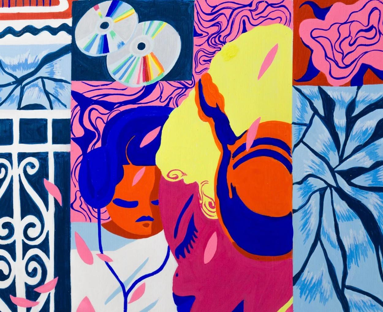 Vibrant City and Floral Vignettes on Crown Panel „You're Not Listening“ Leuchtend Stadt und Blumen im Angebot 5