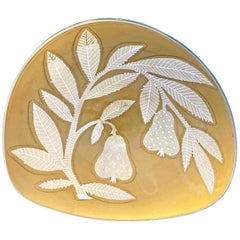 "Branches with Pears, " Rare, Etched Glass Bowl in Golden Sand Color by Gregory