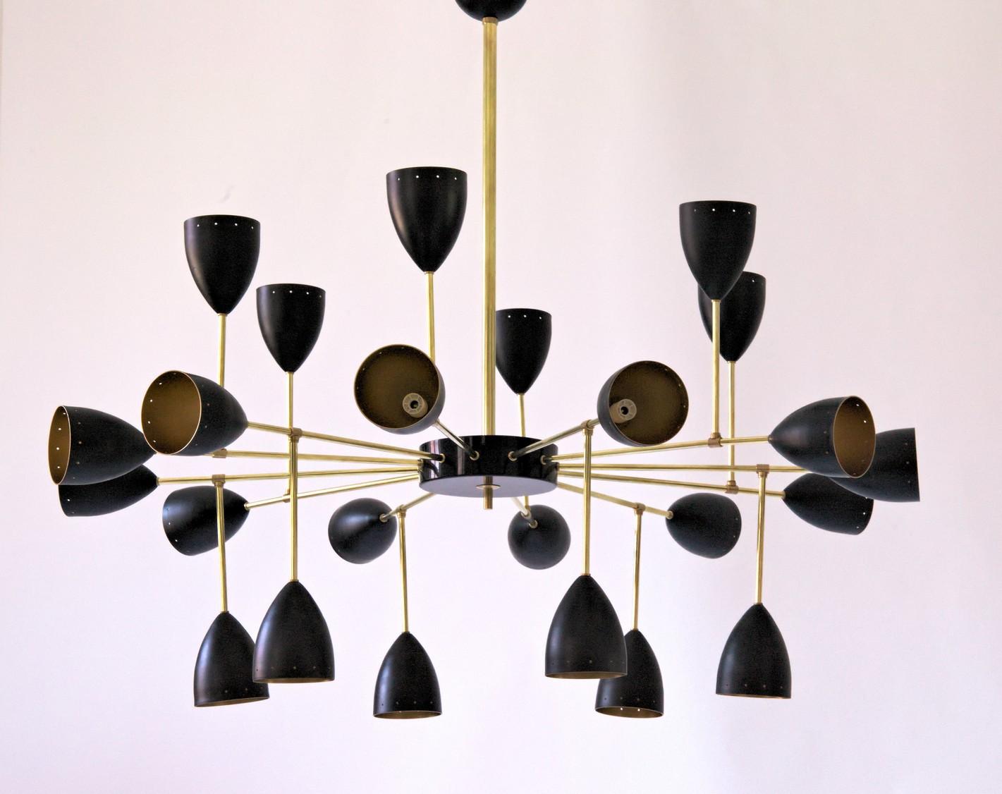 Courtney Branching Brass Chandelier Black w/Gold Inside Stilnovo Style 24 Lights For Sale 1