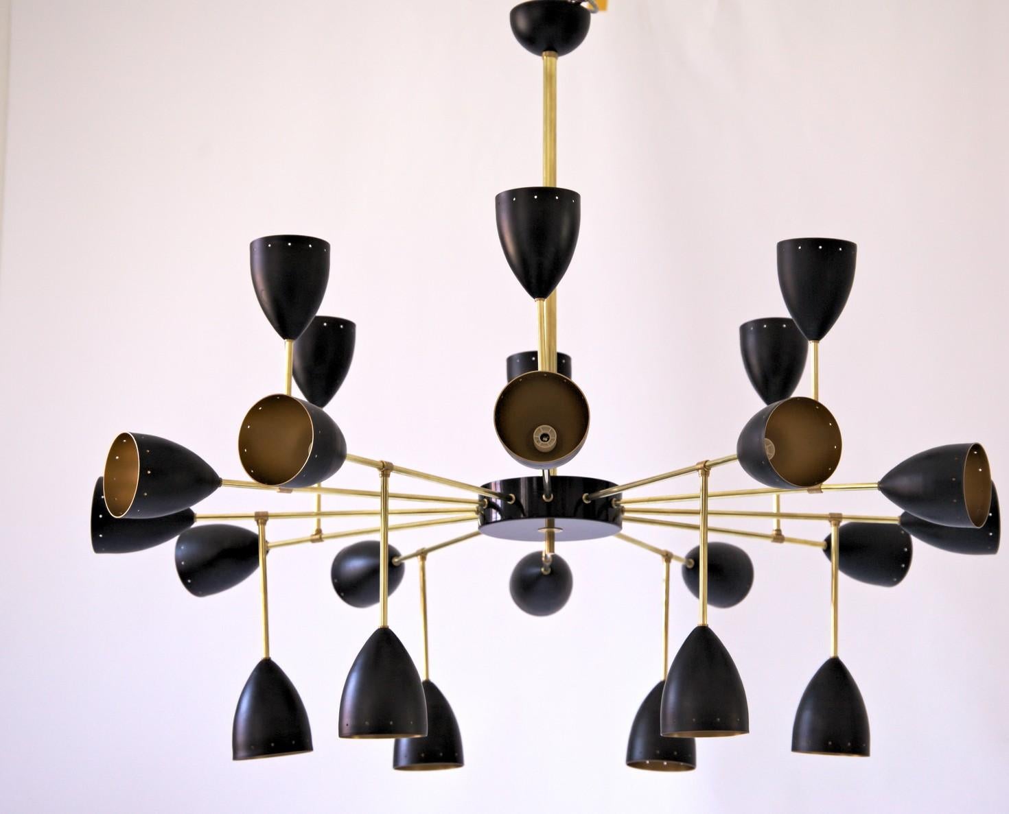 Courtney Branching Brass Chandelier Black w/Gold Inside Stilnovo Style 24 Lights For Sale 7