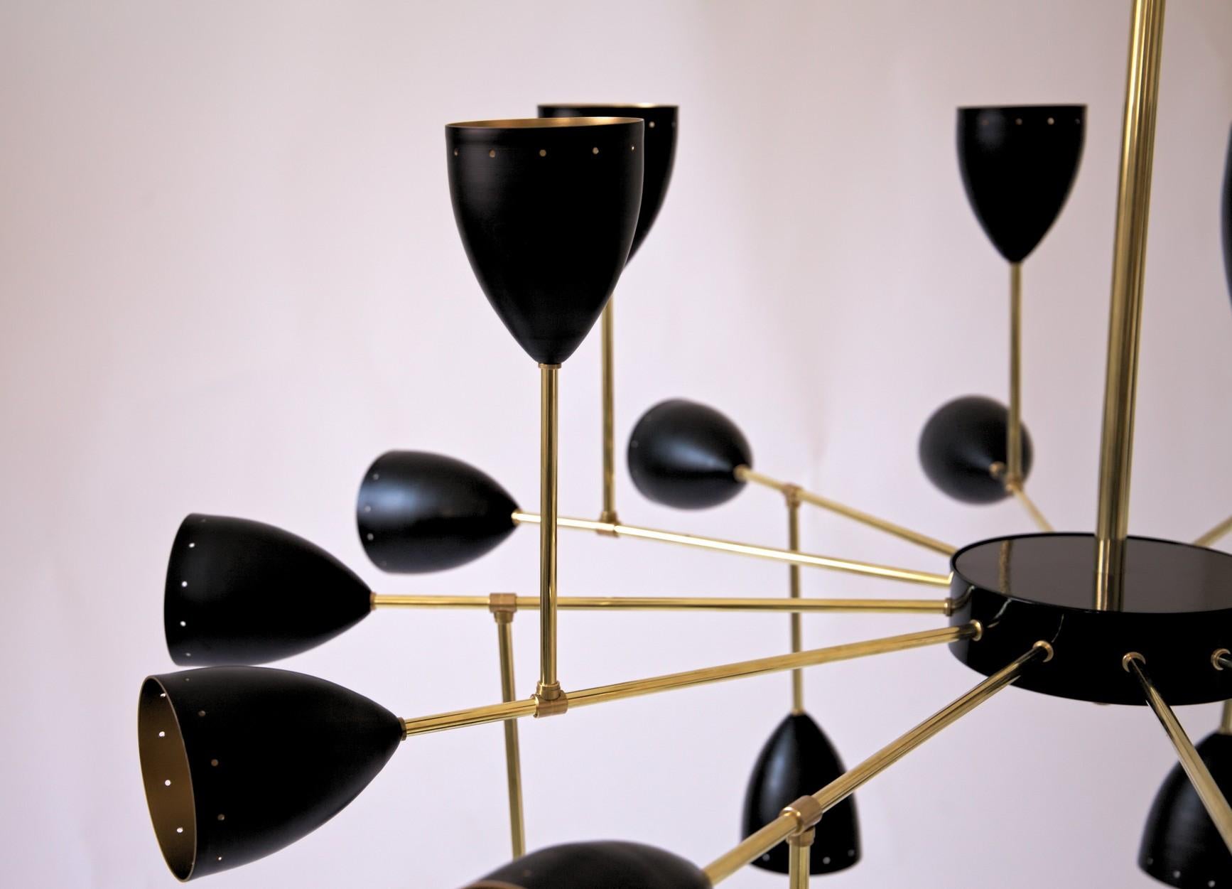 Mid-Century Modern Courtney Branching Brass Chandelier Black w/Gold Inside Stilnovo Style 24 Lights For Sale