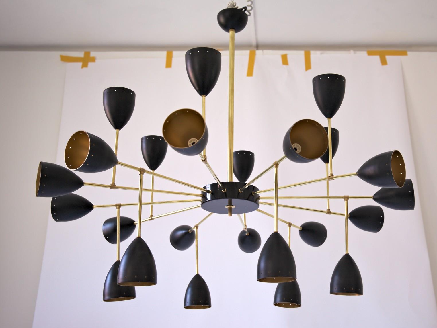 Italian Courtney Branching Brass Chandelier Black w/Gold Inside Stilnovo Style 24 Lights For Sale