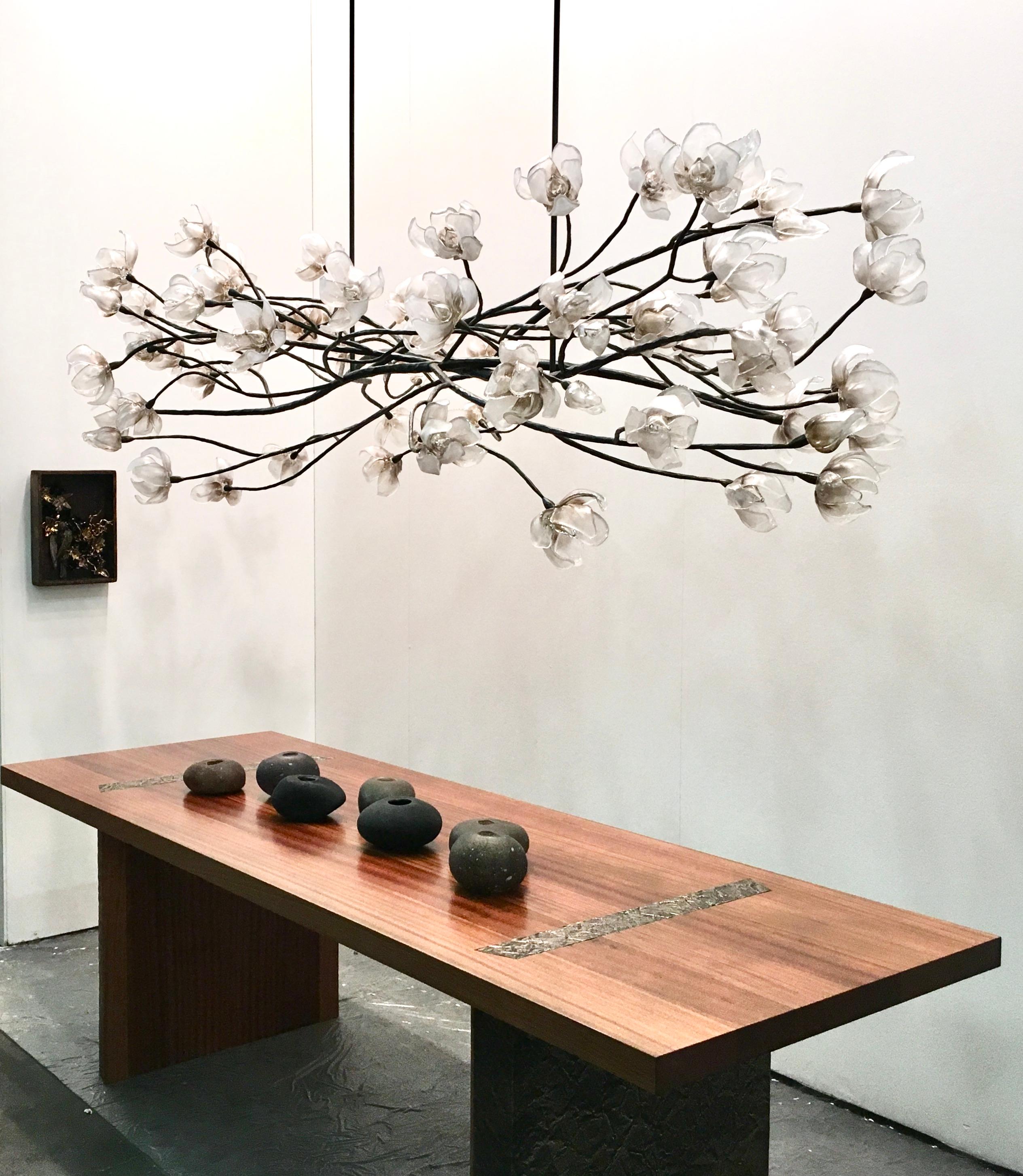 Branching Magnolia Hanging Sculpture: Glass & Forged Steel by Elizabeth Lyons For Sale 3