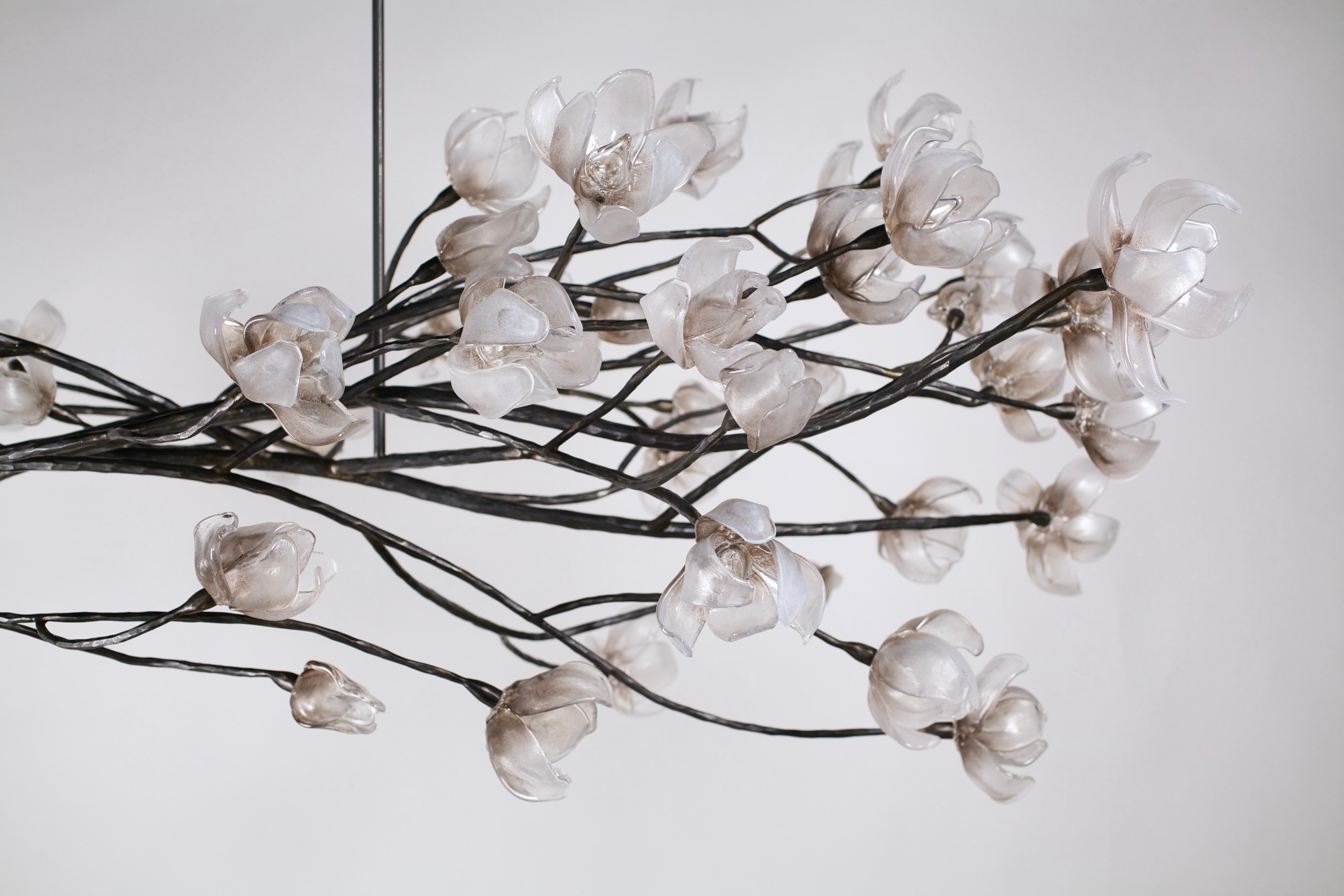 Modern Branching Magnolia Hanging Sculpture: Glass & Forged Steel by Elizabeth Lyons For Sale