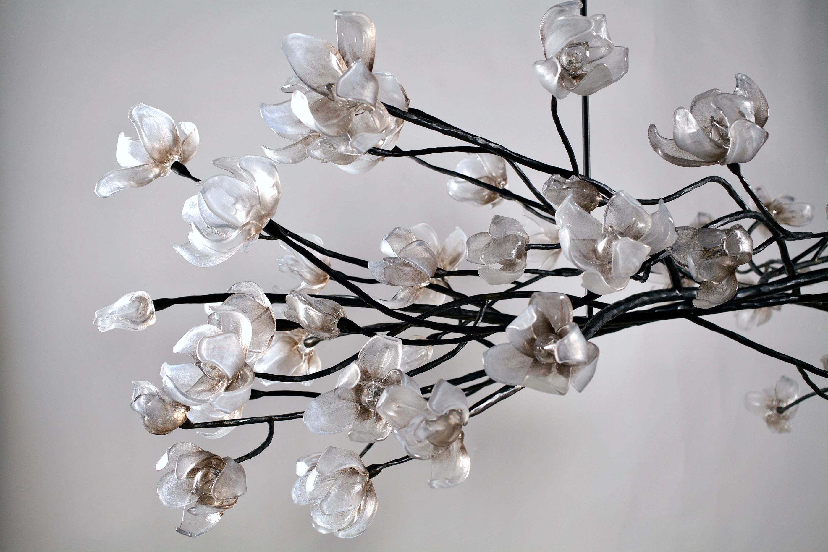 American Branching Magnolia Hanging Sculpture: Glass & Forged Steel by Elizabeth Lyons For Sale
