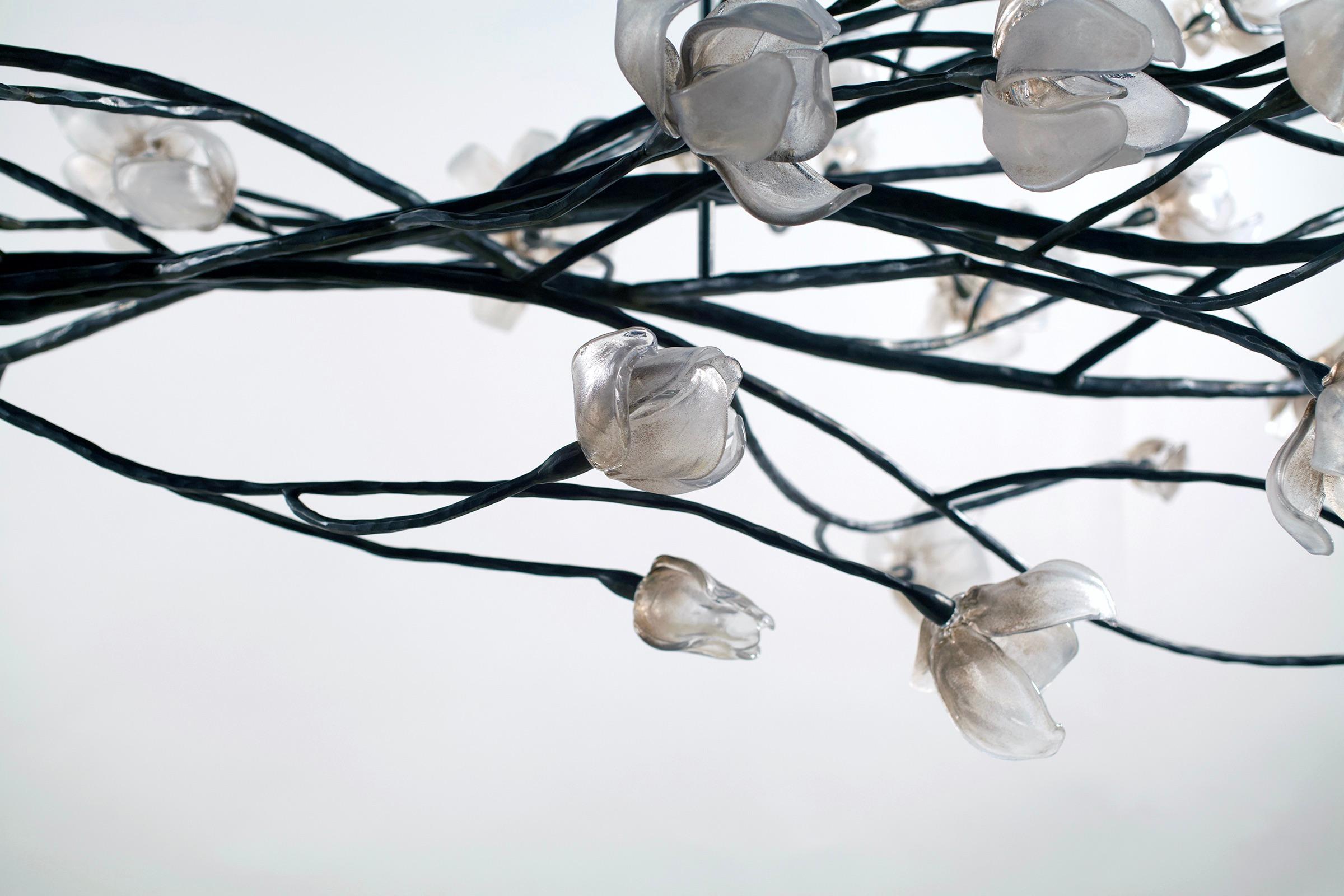 Hand-Crafted Branching Magnolia Hanging Sculpture: Glass & Forged Steel by Elizabeth Lyons For Sale