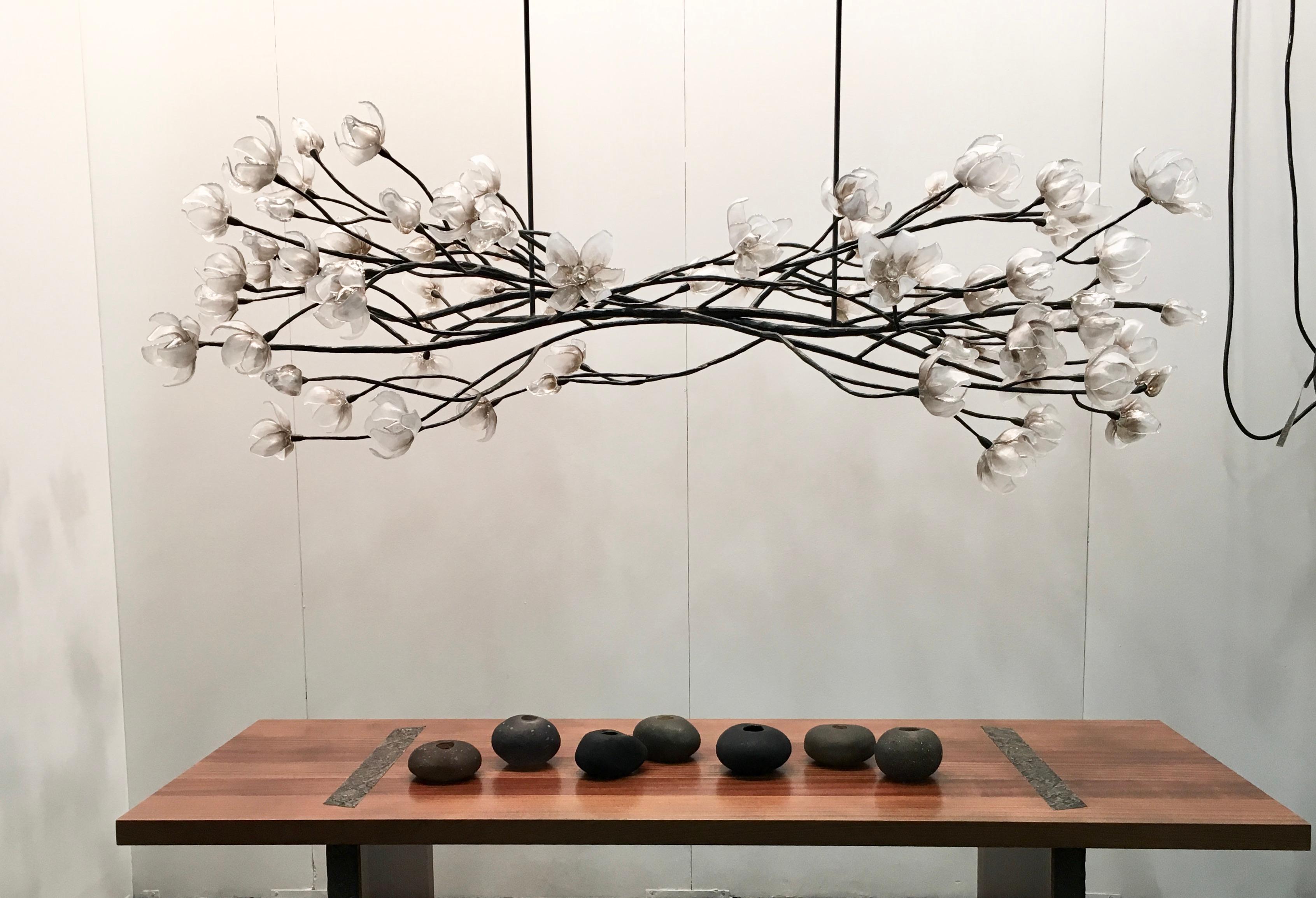 Branching Magnolia Hanging Sculpture: Glass & Forged Steel by Elizabeth Lyons For Sale 2