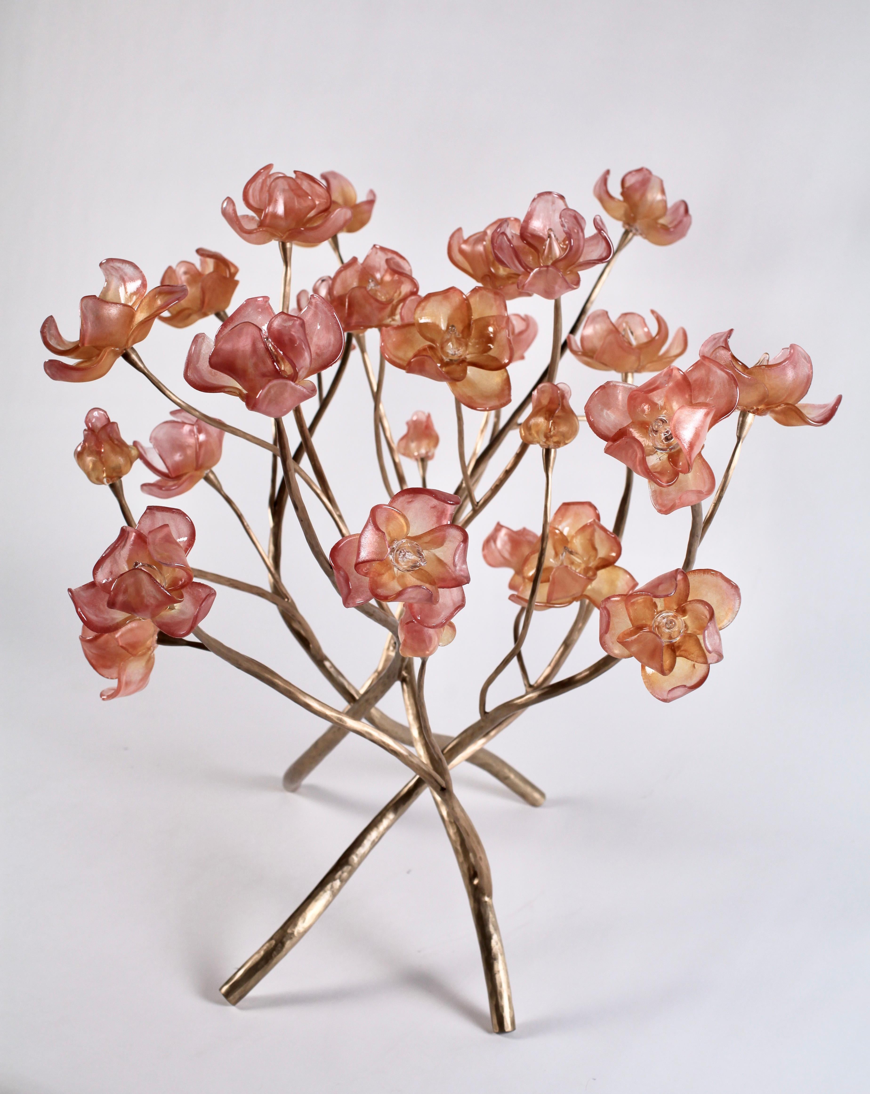 Branching Magnolia Sculpture: Blown-Glass and Forged Bronze by Elizabeth Lyons In New Condition For Sale In Rochester, NY