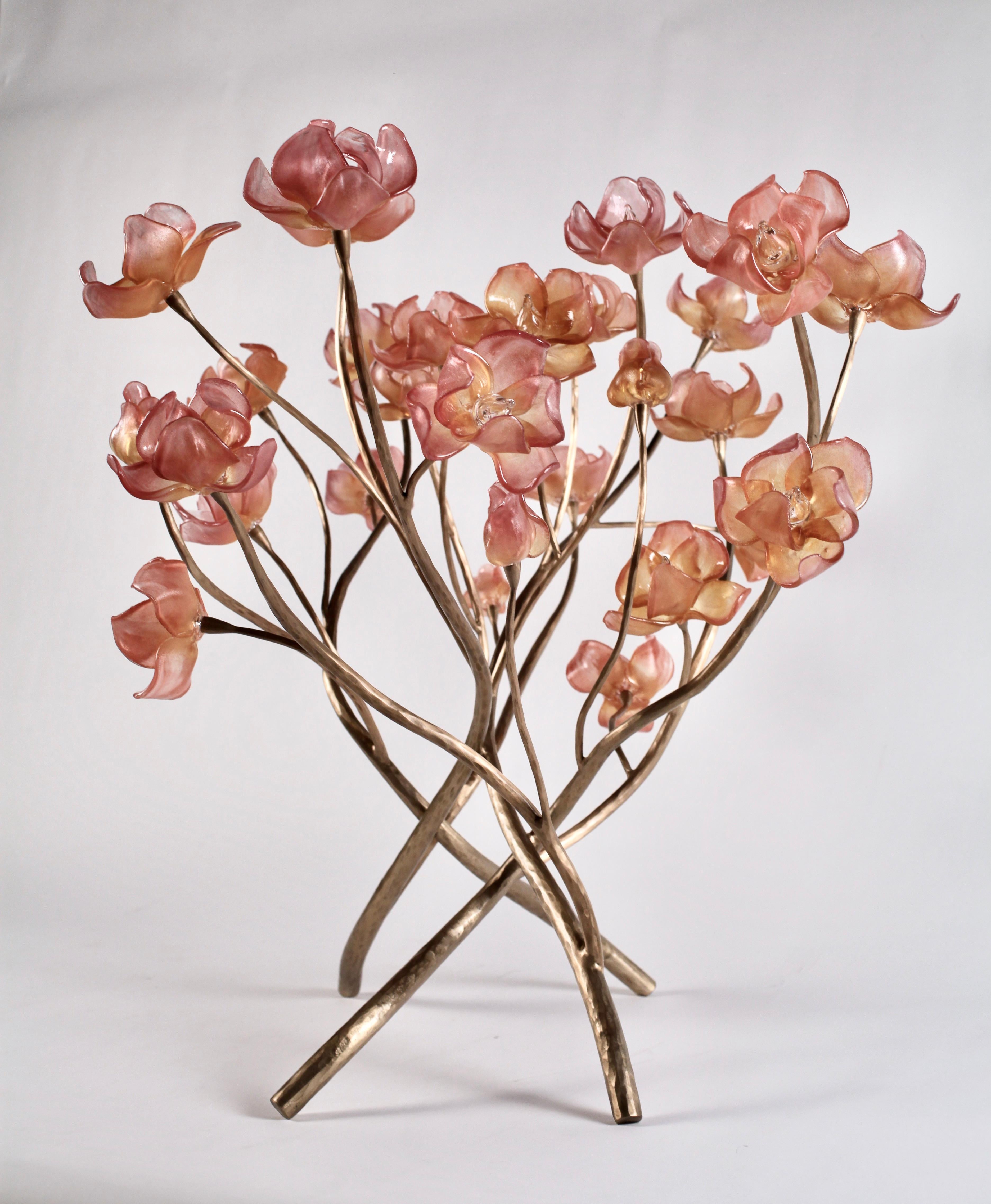 Contemporary Branching Magnolia Sculpture: Blown-Glass and Forged Bronze by Elizabeth Lyons For Sale