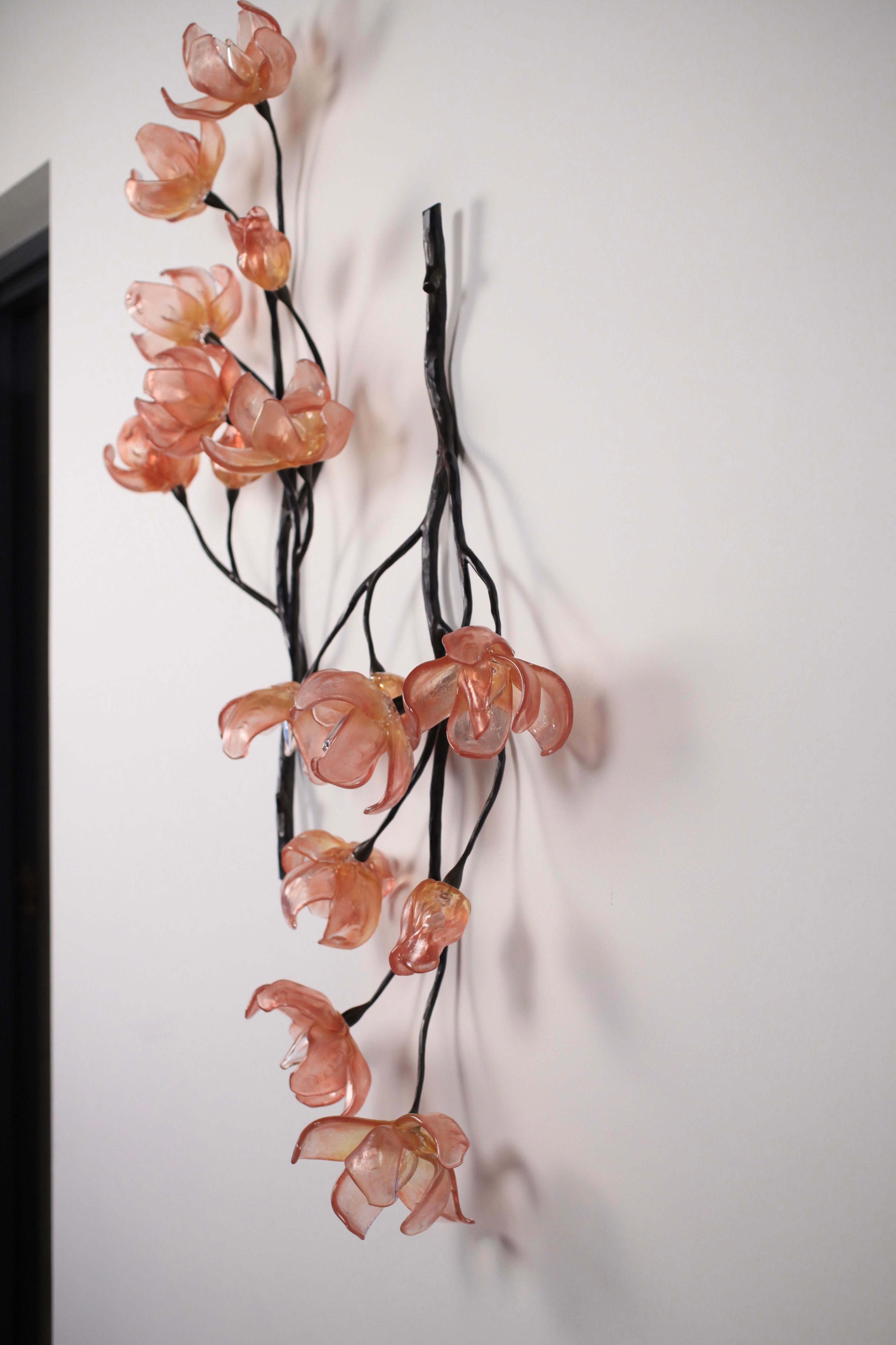 Branching Magnolia Wall Sculpture Blown Glass & Forged Steel by Elizabeth Lyons For Sale 2