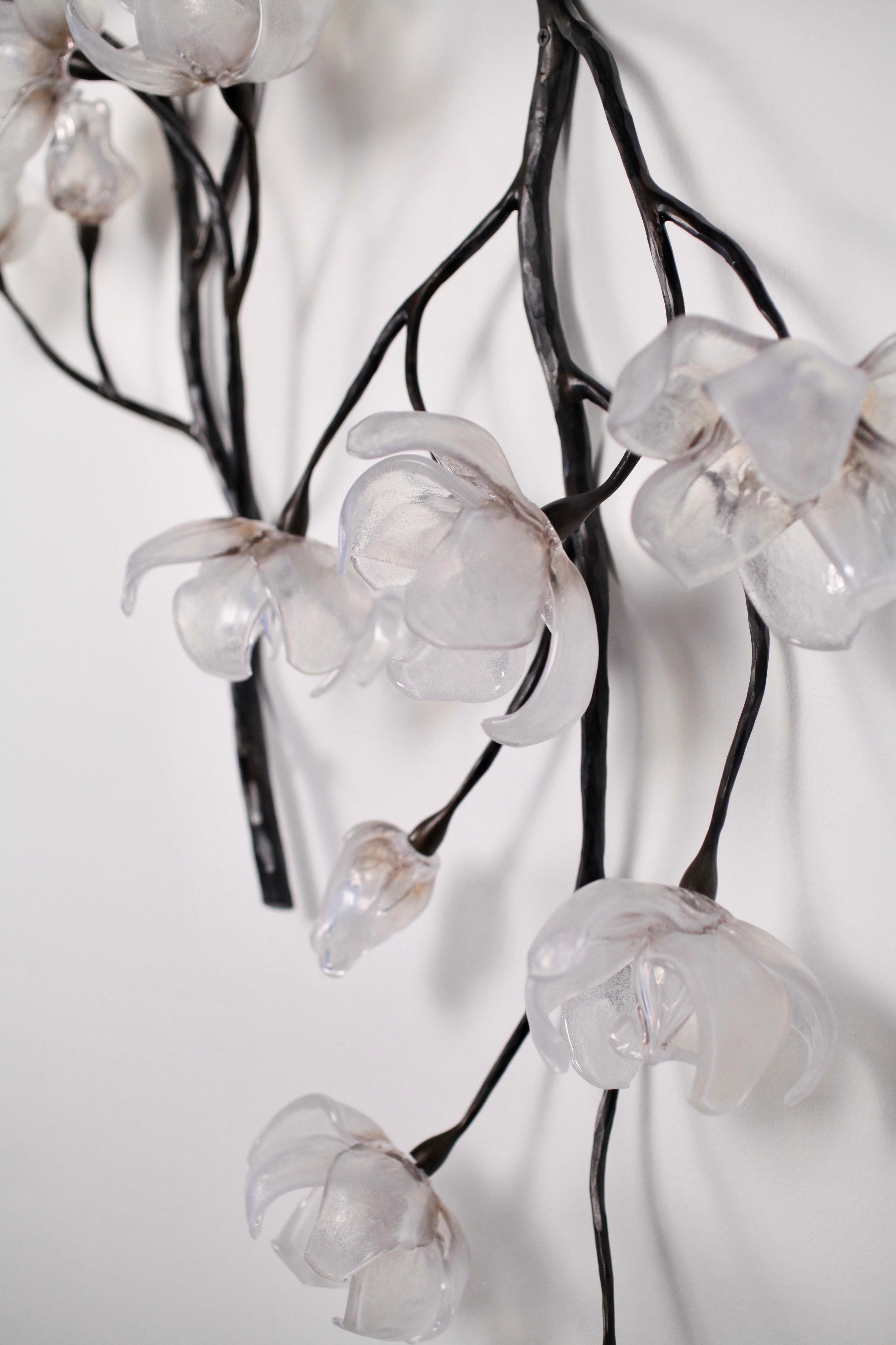 Modern Branching Magnolia Wall Sculpture Blown Glass & Forged Steel by Elizabeth Lyons For Sale
